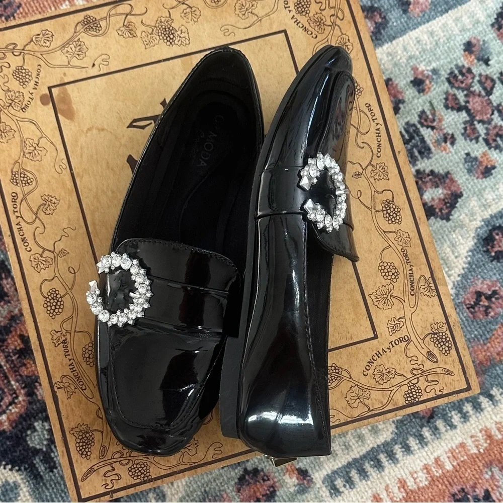 Top Moda Women’s Black Patent Crystal-Embellished Women's Loafers Size 7.5